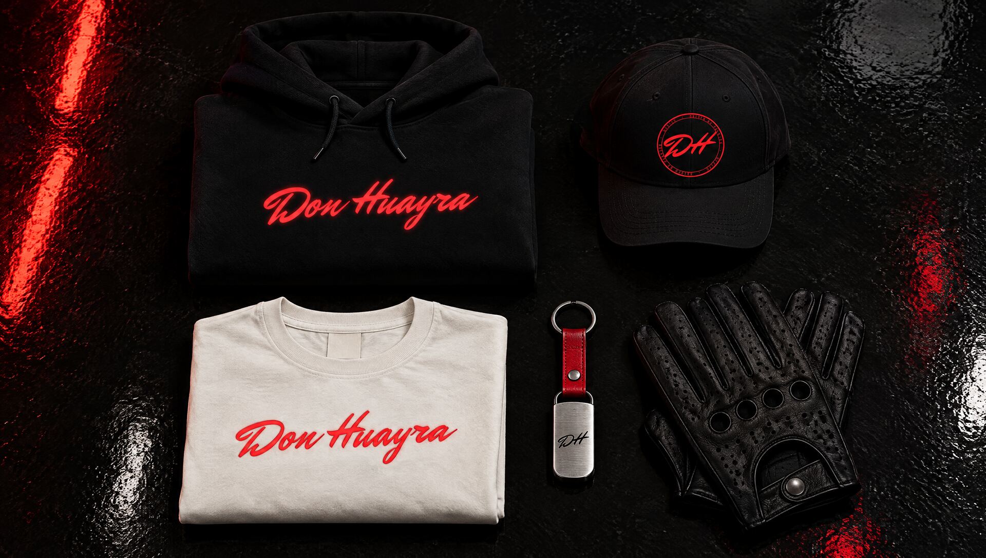 Drop 01 de Don Huayra: sudadera, gorra, playera, llavero y guantes